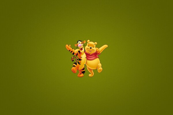 Winnie the Pooh e tigre in un abbraccio su sfondo verde scuro