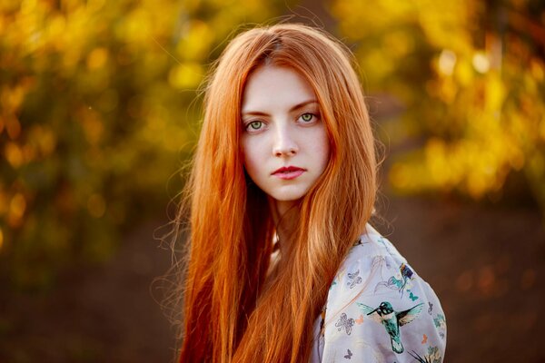 Ritratto autunnale di una ragazza dai Capelli rossi con sfondo sfocato