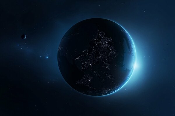 Pianeta con un satellite, con le luci della civiltà sulla superficie sullo sfondo di una stella nascente