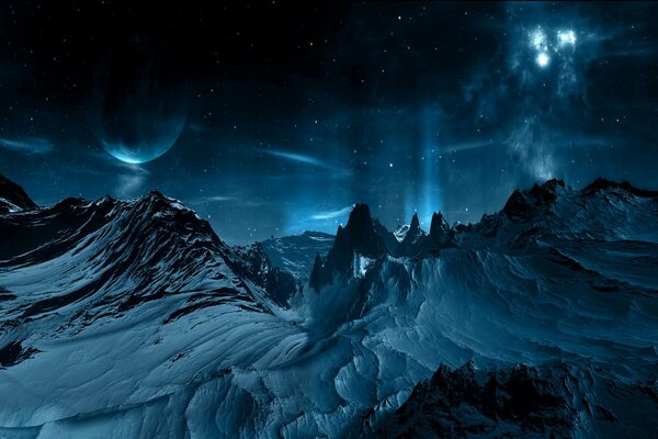 Cielo notturno su un pianeta freddo e senza vita