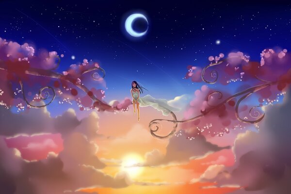 Ragazza sulla nuvola. Immagine in stile anime
