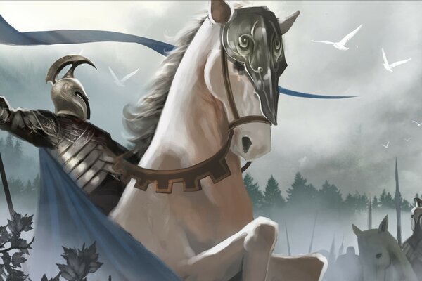 Guerriero in armatura su un cavallo bianco