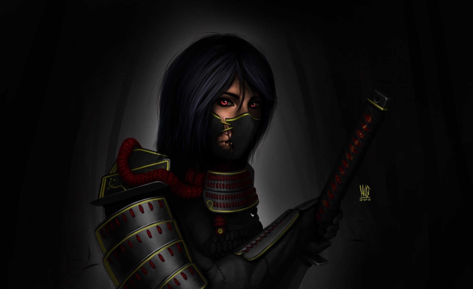 arte ragazza fascia braccio spada armatura katana sfondo scuro samurai