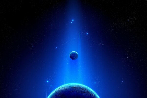 Bagliore blu che illumina il piccolo pianeta