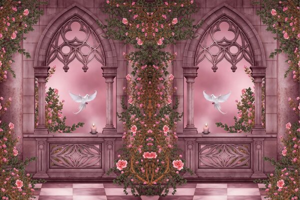 I piccioni volano nella finestra alla luce rosa