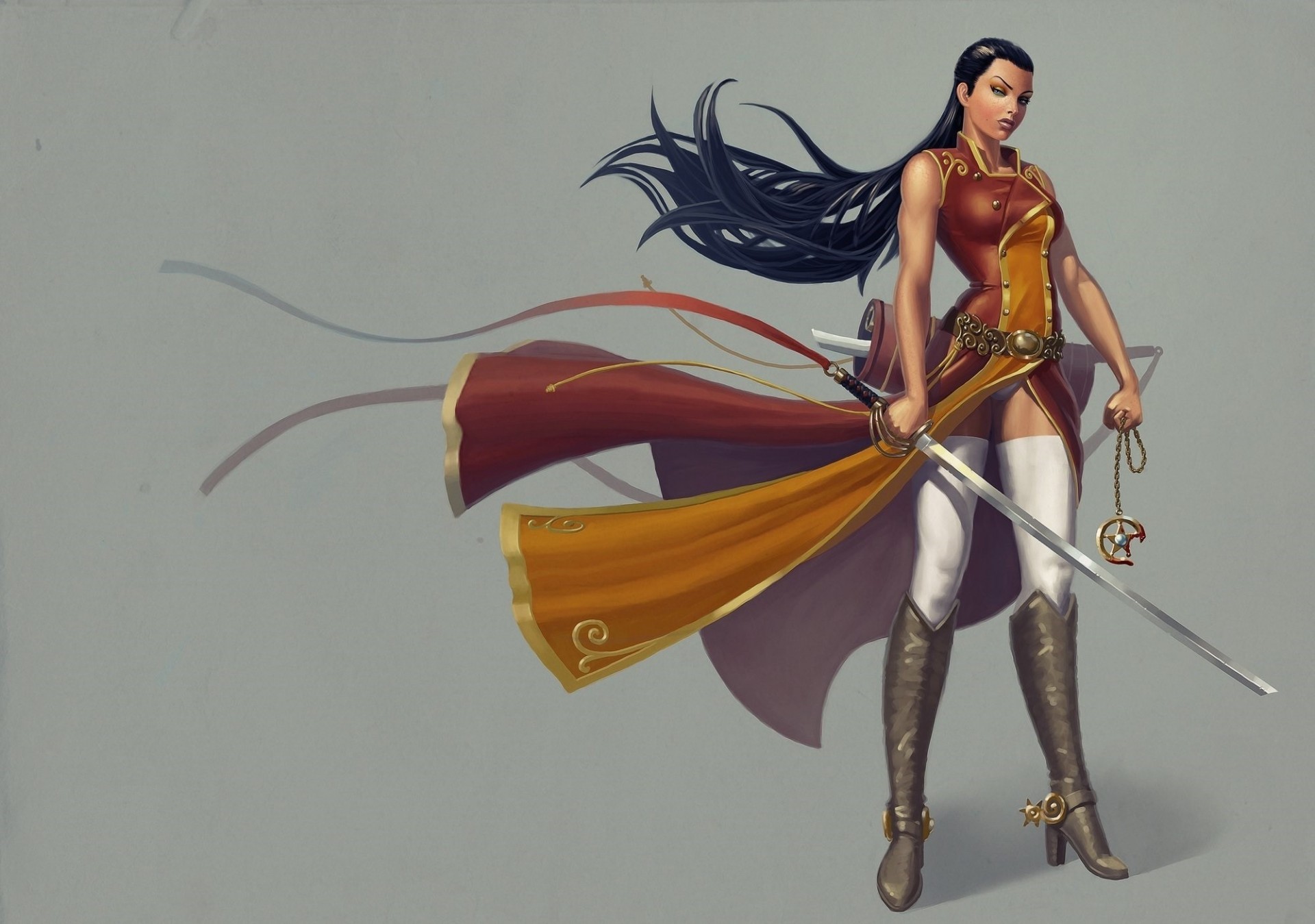 arma ragazza costume punte vista sfondo grigio spada stivali guerriero capelli lunghi