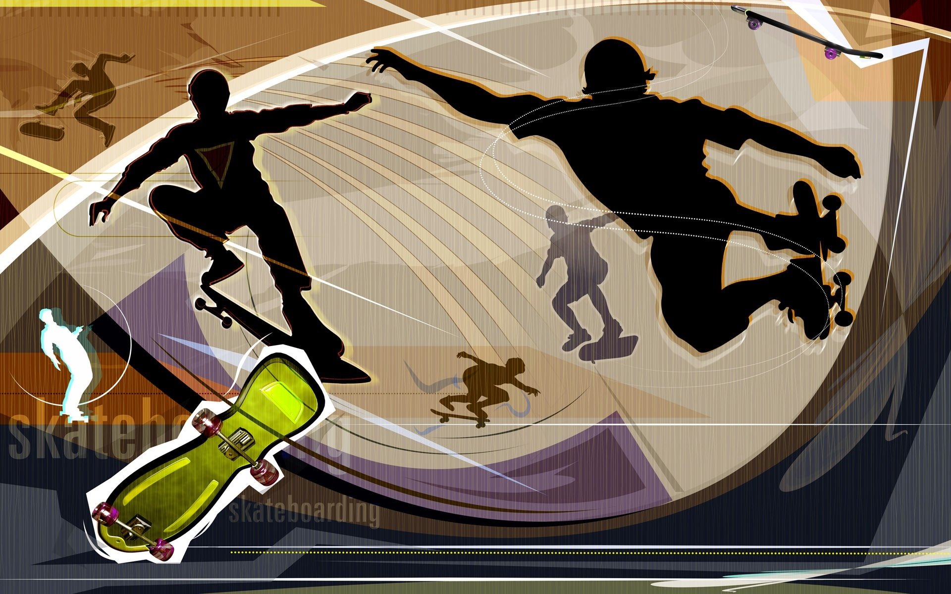 skateboard tavola rulli silhouette relax intrattenimento carta da parati astrazione vettoriale