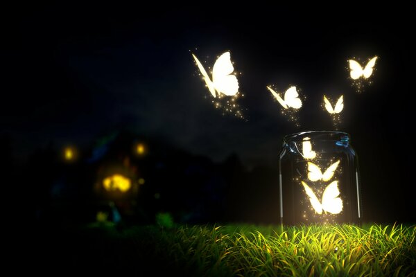 Farfalle luminose di notte su uno sfondo di erba