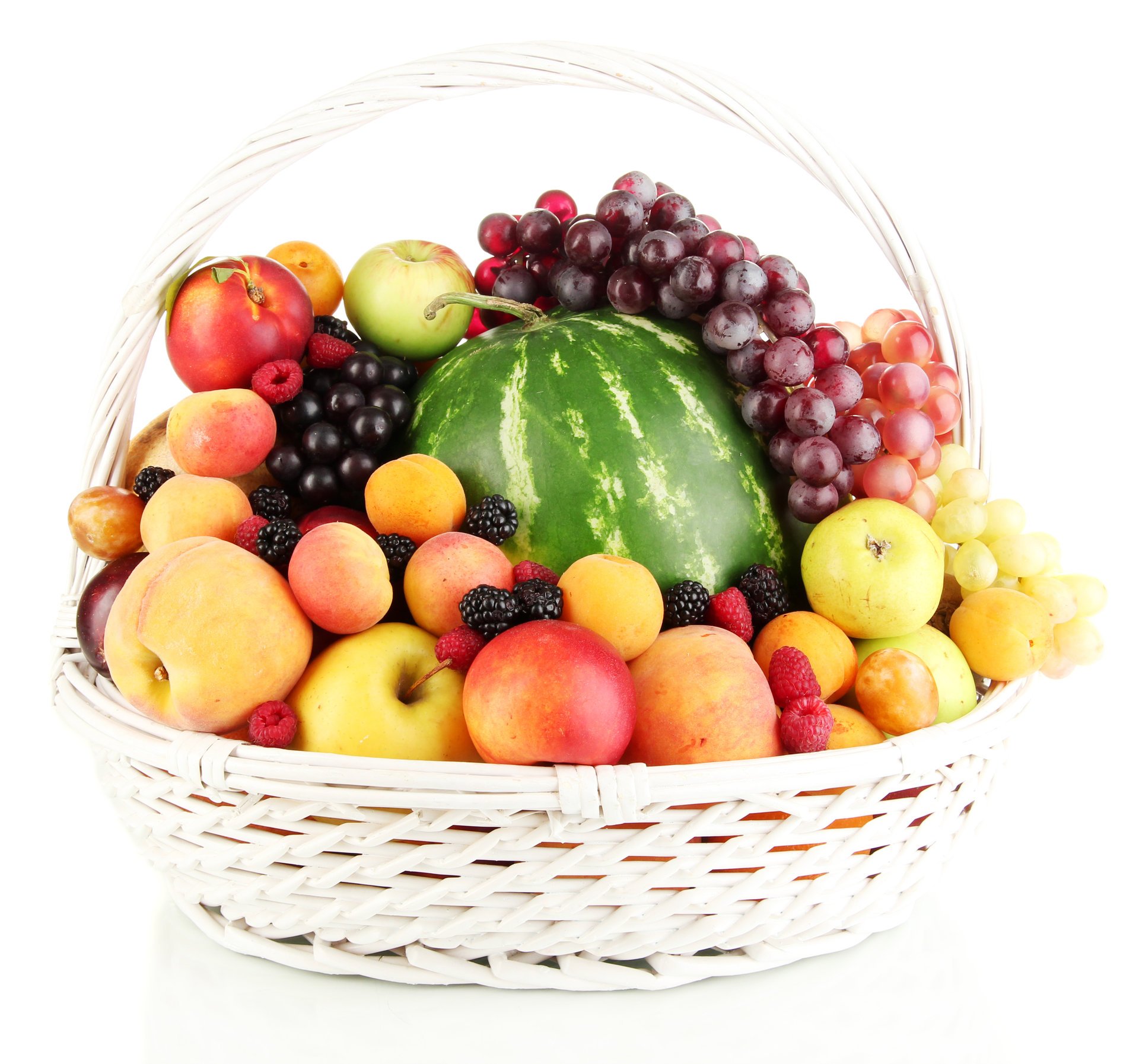 bacche frutta cesto anguria mele pesche nettarina prugne albicocche lamponi uva more