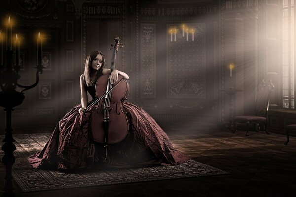 In camera d epoca ragazza con violoncello