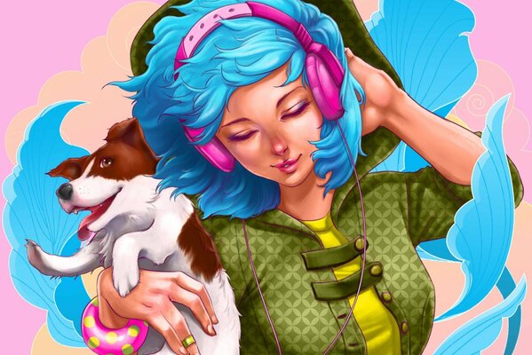 Ragazza con le cuffie si tocca i capelli. bracciale sulle mani. ragazza che tiene il cane dell animale domestico