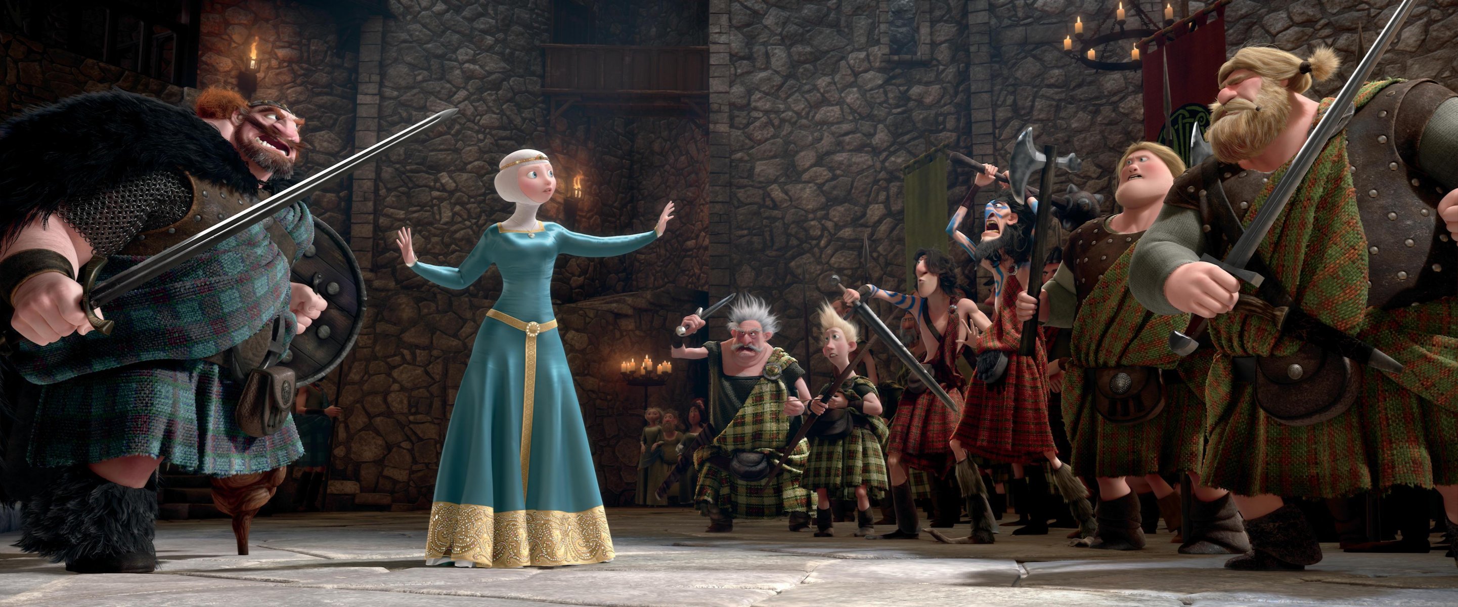 film disney pixar scozia re regina principessa barbari merida capelli rossi cuore coraggioso cartone animato pixar arciere guerrieri scozzesi castello candele collezione