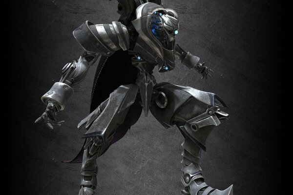 Robot metallico con illuminazione blu su sfondo grigio