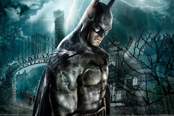 Batman sullo sfondo di un cielo scuro e formidabile vicino al cancello del castello