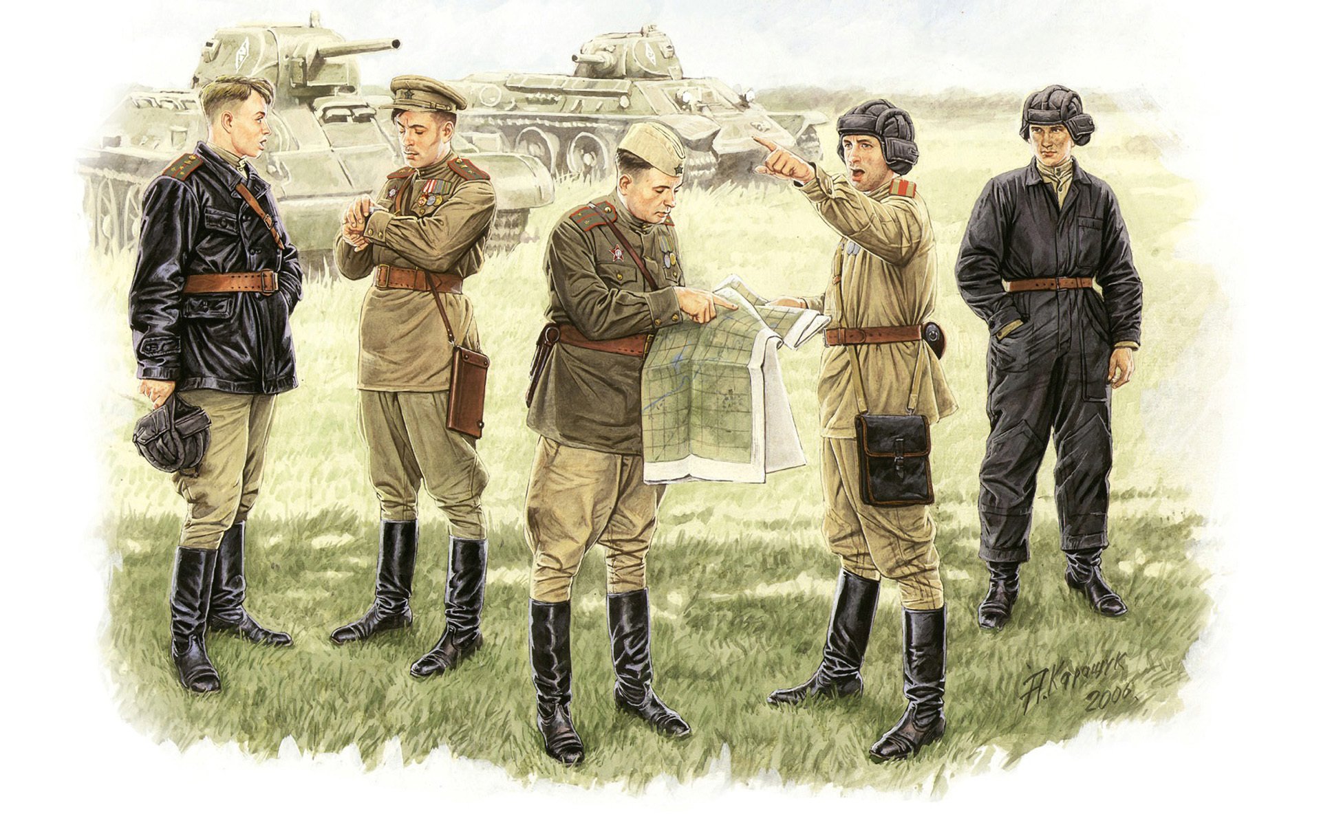 arte soldati ufficiali sovietici in campo briefing urss seconda guerra mondiale ww2 artista a. karoshuk