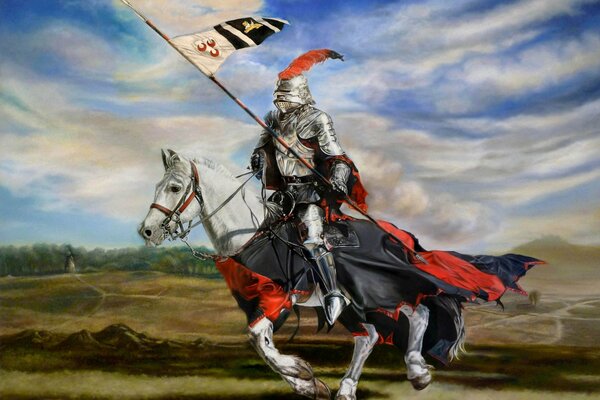 Cavaliere al galoppo in armatura con bandiera