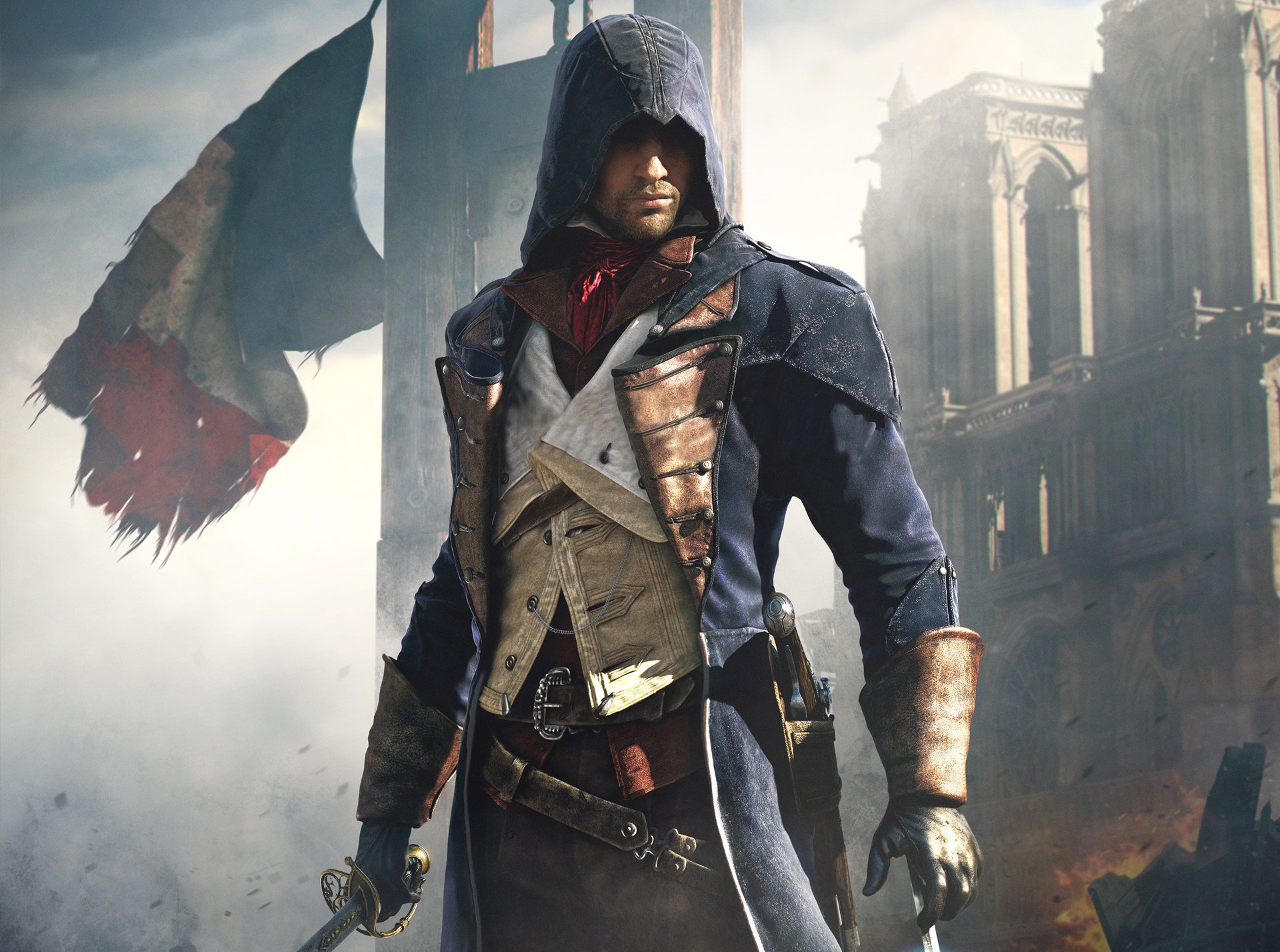 assassin s creed: unità arnaud assassino cappuccio parigi pistola bandiera case spada lama cielo ubisoft
