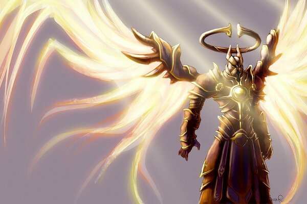 Un alieno con le ali in armatura. Mondo fantasy