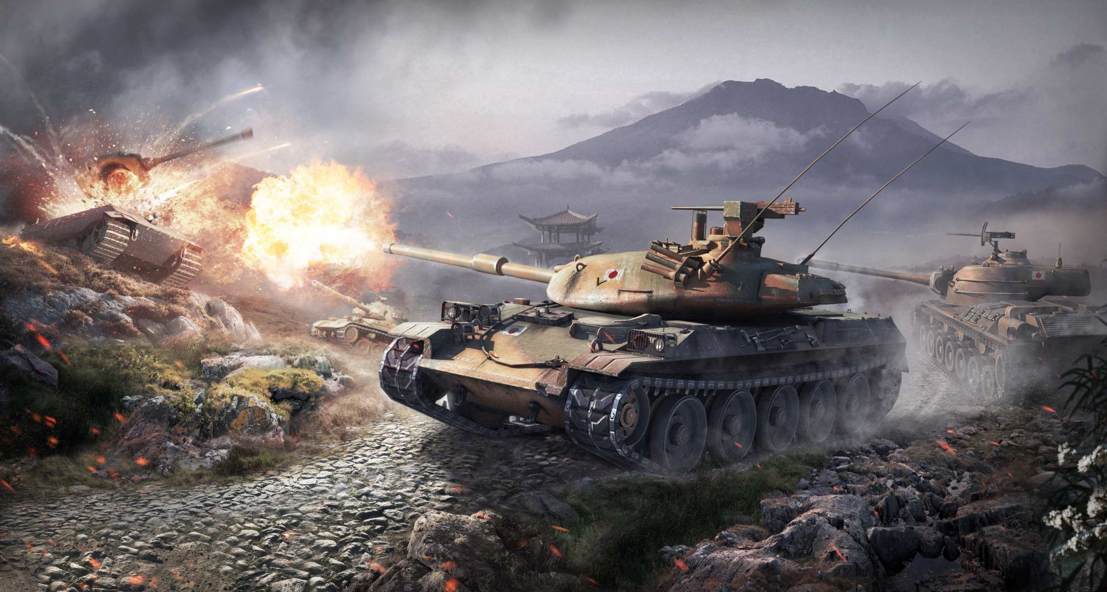 world of tanks wargaming net wot giappone stb-1 enter 61 cento-1 carri armati medi e 75 carro pesante germania wg montagna colpo fiamma fuoco nuvole fumo camouflage