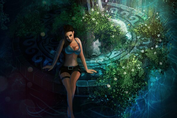 Lara krft in pantaloncini si siede alla fontana con i fiori