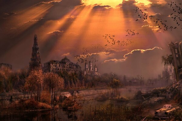 Bellissimo tramonto sul fiume Mosca