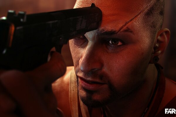 Far Cry 3. La canna della pistola poggia sulla fronte di Vaas Montenegro