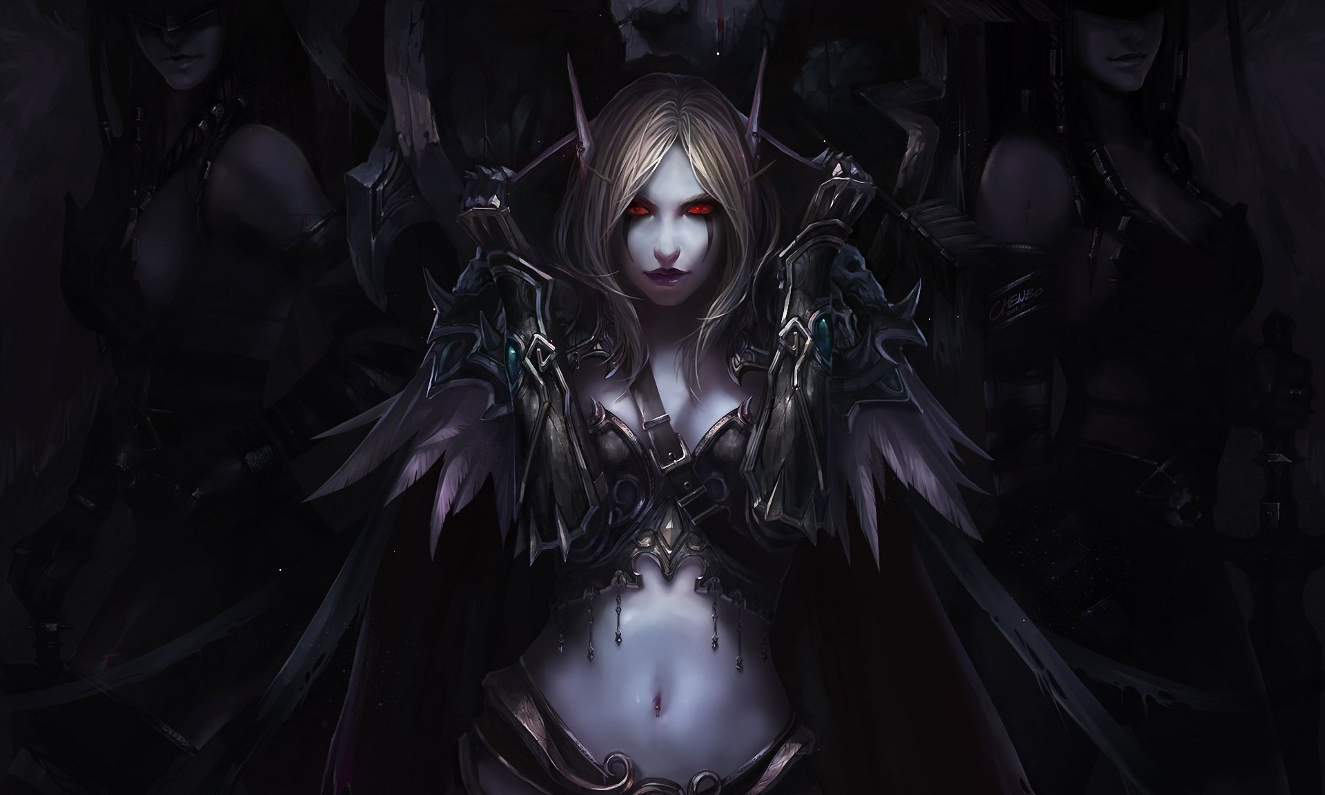 arte chenbo mondo di warcraft elfo silvana elfo ragazze occhi rossi mantello piume