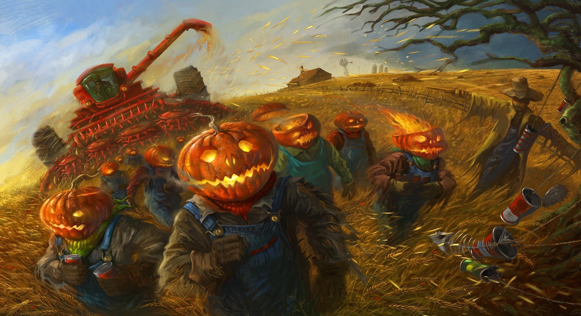 arte halloween campo raccolto zucche cereali lavoratori spaventapasseri mietitrice lattine brigata grano