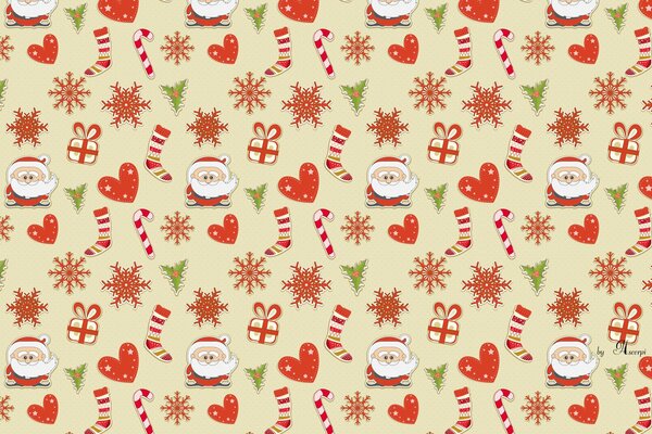 Cartolina di Babbo Natale, fiocchi di neve, cuori