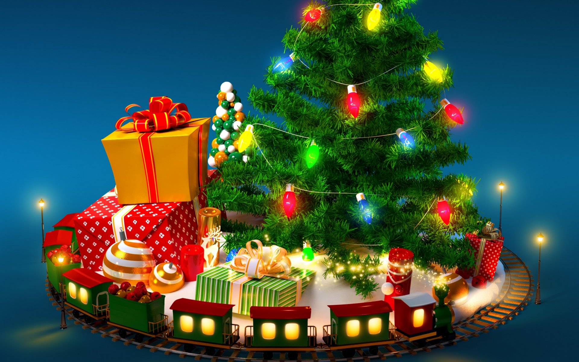 albero di natale treno giocattoli regali ghirlanda