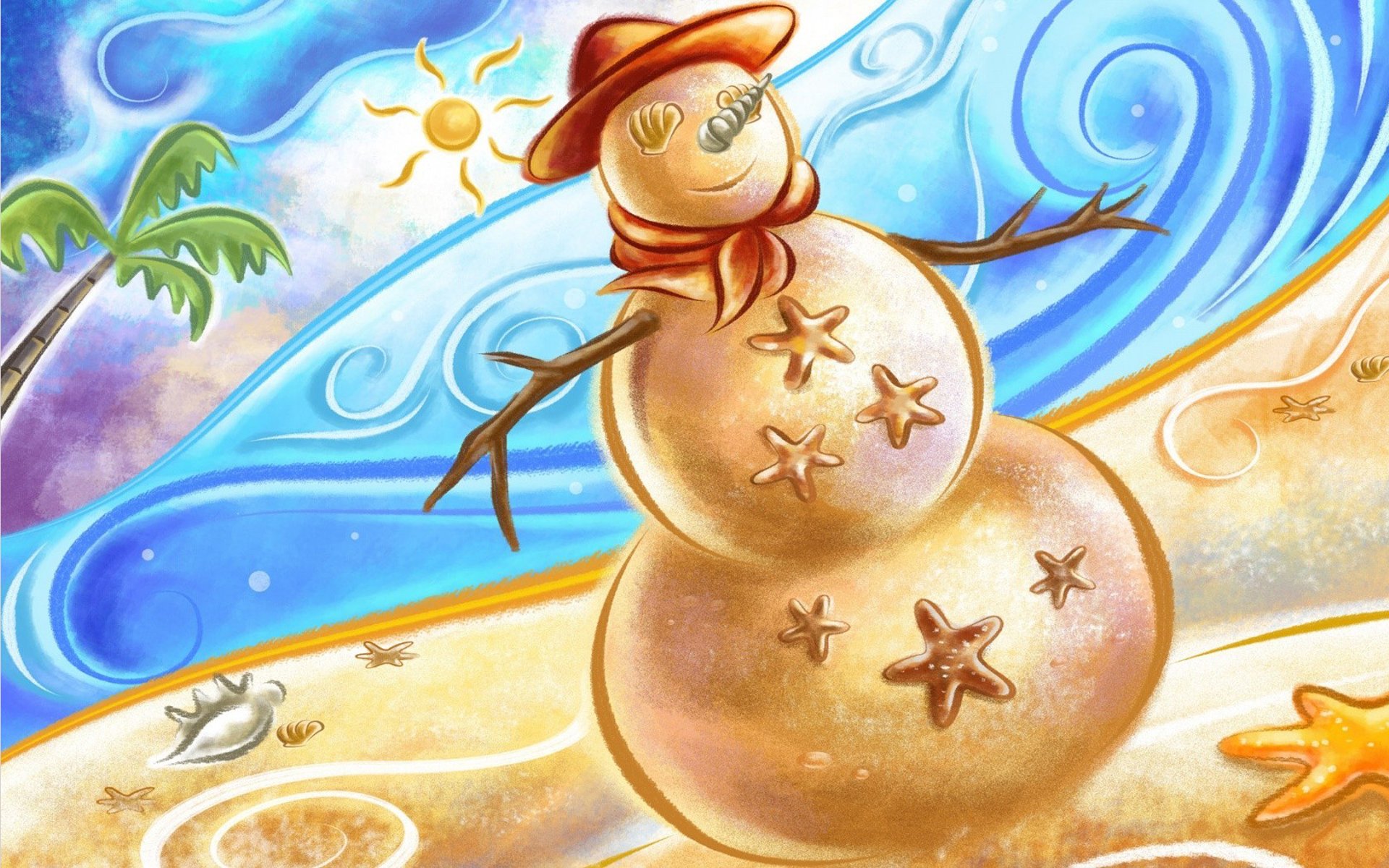 capodanno pupazzo di neve pupazzo di neve di sabbia sabbia spiaggia conchiglie mare calore