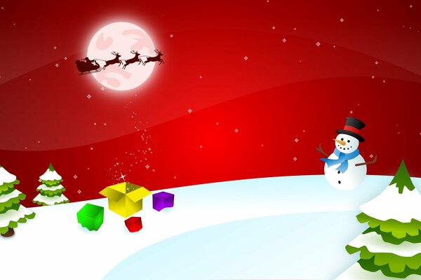 Babbo Natale con renne sullo sfondo della Luna