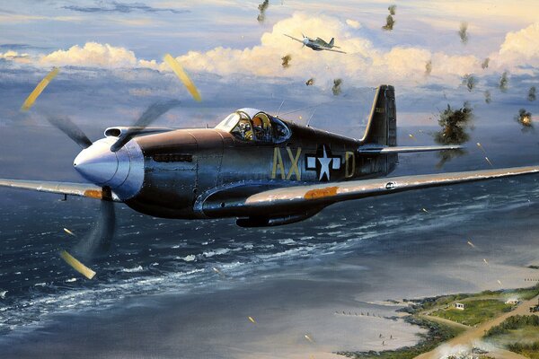 Aerei da combattimento americani che volano attraverso il fuoco dei cannoni antiaerei