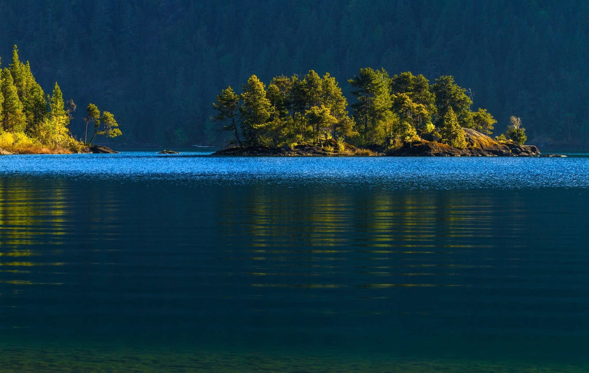 lago cowichen isola di vancouver canada lago cowichan isolotto foresta alberi acqua