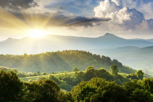 Alba del sole sulle verdi colline