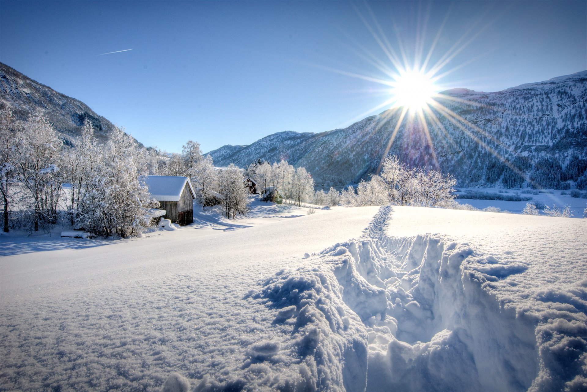 cielo sole gelo inverno montagne neve alberi casa