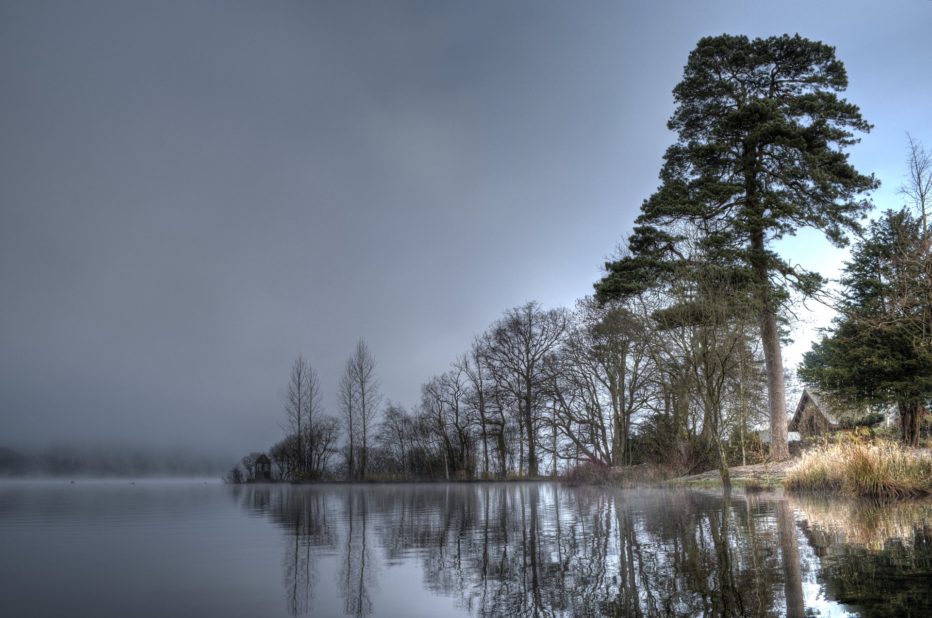 cielo acqua alberi casa nebbia lago fiume